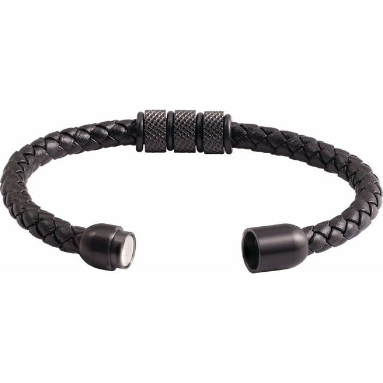 Black PVD Stainless Steel 6 mm Braided Leather 8" Bracelet