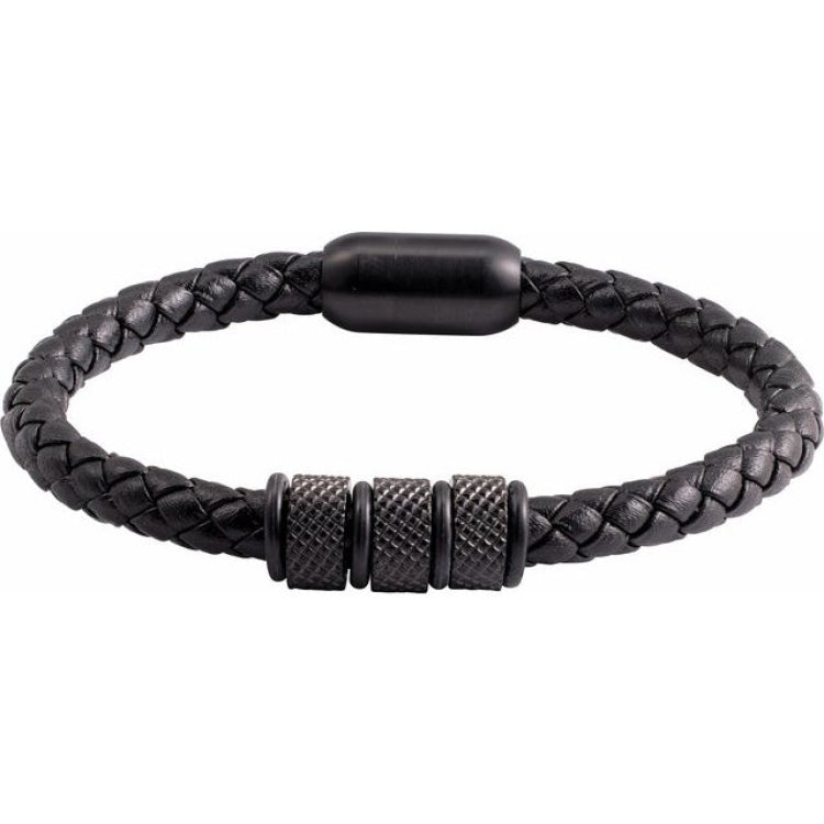 Black PVD Stainless Steel 6 mm Braided Leather 9" Bracelet