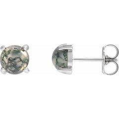 14K White Gold Natural Moss Agate Cabochon Earrings