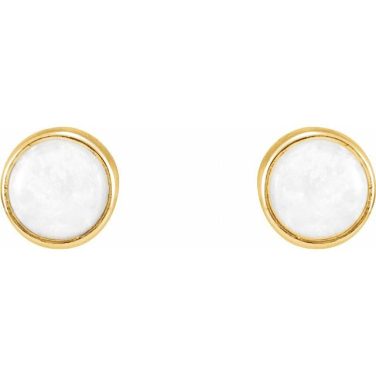 14K Yellow Gold Natural White Opal Cabochon Earrings