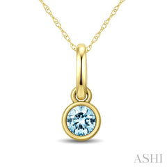 3X3 MM Round Shape Aquamarine Bezel Set Semi-Precious Solitaire Pendant With Chain in 10K Yellow Gold