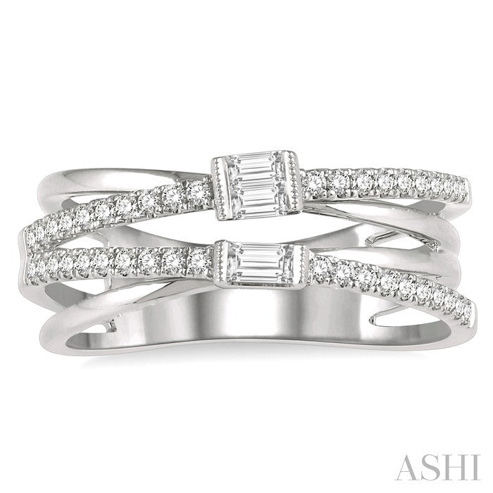 3/8 Ctw Criss-Cross Baguette and Round Diamond Fashion Ring in 14K White Gold