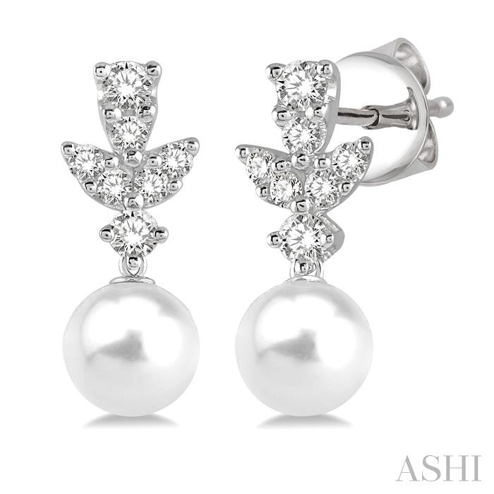 8 MM Cultured Pearls and 1/4 Ctw Round Cut Diamond Earrings in 14K White Gold