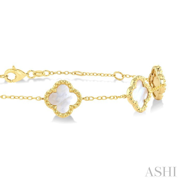8 MM Mother of Pearl Bead Clover Halo Station Bracelet in 14K Yellow Gold