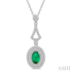 6X4 MM Oval Shape Emerald and 1/5 Ctw Round Cut Diamond Precious Pendant With Chain in 14K White Gold