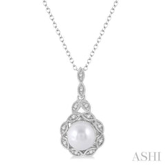 6.5X6.5 MM Cultured Pearl and 1/20 Ctw Round Cut Diamond Pendant in Sterling Silver with Chain
