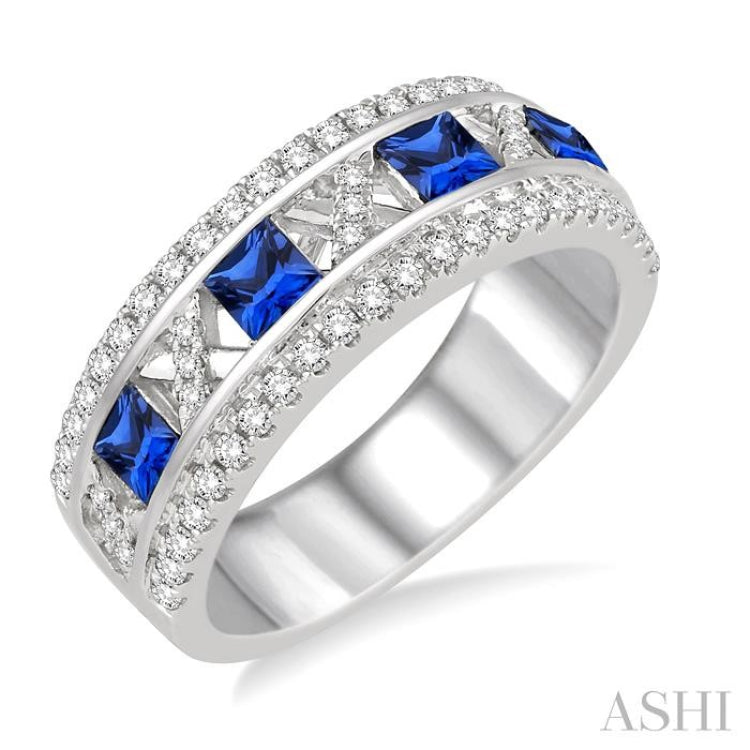 3x3 MM Princess Cut Sapphire and 3/8 Ctw Round Cut Diamond Precious Band in 14K White Gold