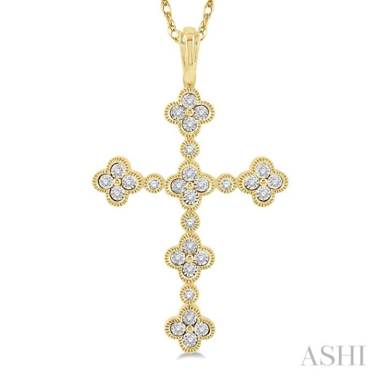 1/8 Ctw Floral Cross Round Cut Diamond Pendant With Link Chain in 10K Yellow Gold