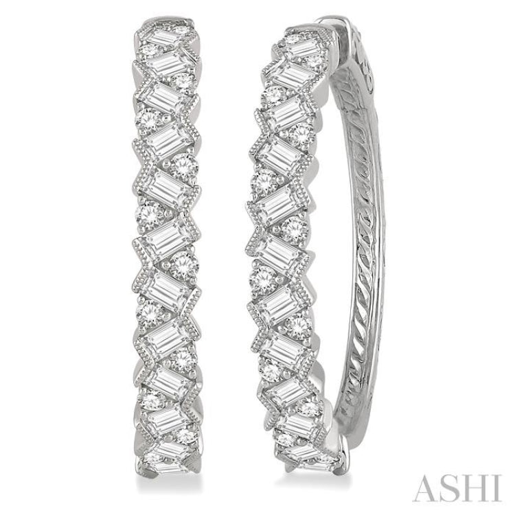 2 Ctw Zigzag Baguette and Round Cut Diamond Hoop Earring in 14K White Gold