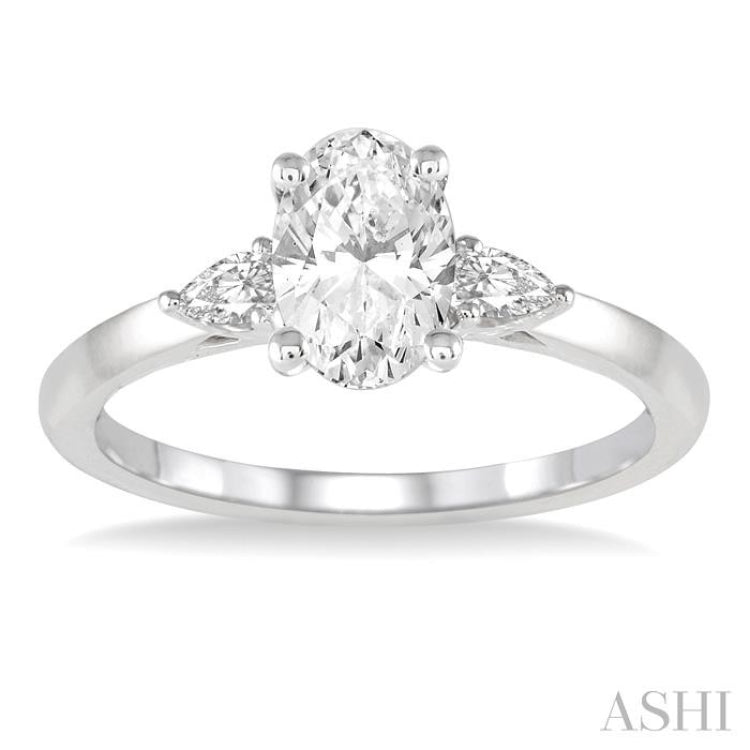 3/4 Ctw Pear and Oval Cut Diamond Ladies Engagement Ring With 1/2 Ct Oval Cut Center Stone in 14K White Gold