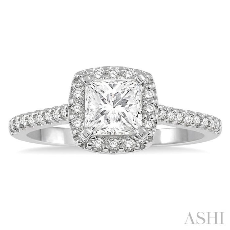 1 Ctw Cushion Shape Round & Princess Cut Diamond Engagement Ring With 3/4 Ctw Princess Cut Center Stone in 14K White Gold