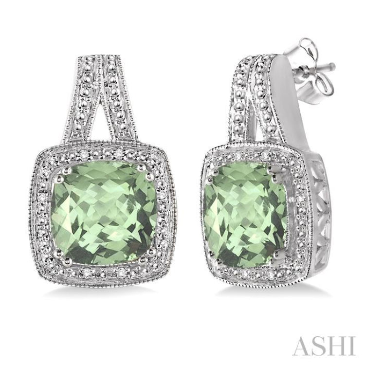 8x8 MM Cushion Shape Green Amethyst and 1/20 Ctw Round Cut Diamond Earrings in Sterling Silver