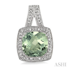 8x8 MM Cushion Shape Green Amethyst and 1/20 Ctw Round Cut Diamond Earrings in Sterling Silver