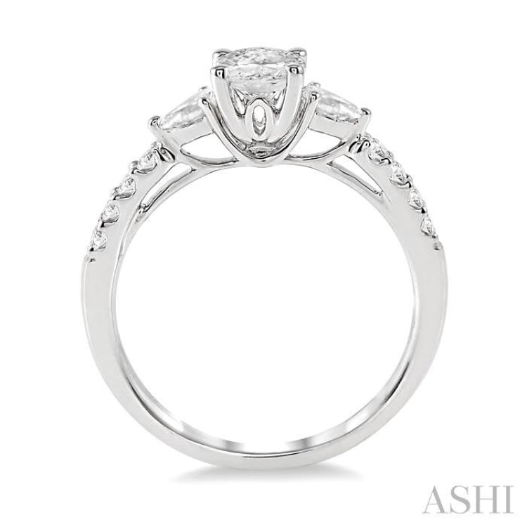 7/8 Ctw Pear & Round Cut Diamond Engagement Ring With 1/2 Ct Oval Cut Center Stone in 14K White Gold