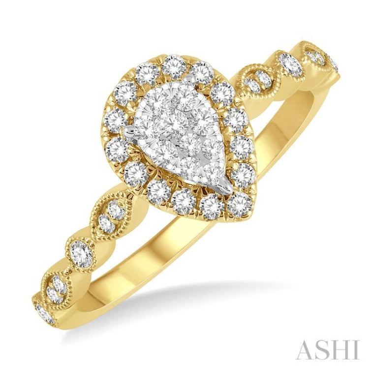1/3 Ctw Lattice Pear Shape Lovebright Round Cut Diamond Engagement Ring in 14K Yellow and White Gold