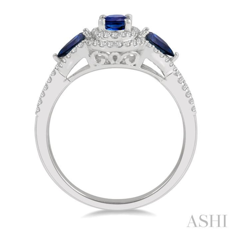 6x4MM Oval Cut and 5x3 MM Pear Cut Sapphire and 1/4 Ctw Round Cut Diamond 3-Stone Precious Ring in 10K White Gold