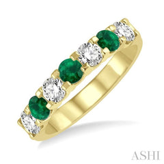 3.3 MM Emerald and 1/2 Ctw Round Cut Diamond Precious Wedding Band in 14K Yellow Gold
