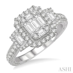 7/8 Ctw Octagonal & Rectangular Mount Baguette and Round Cut Diamond Engagement Ring in 14K White Gold