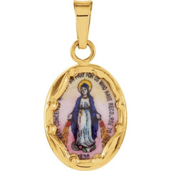 14K Yellow 13x10 mm Oval Hand Painted Porcelain Miraculous Medal