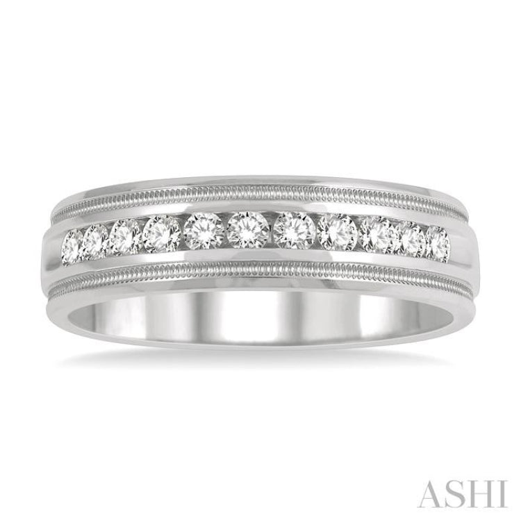 1/2 Ctw Parallel Milgrain & Niched Center Round Cut Diamond Men's Wedding Band in 14K White Gold