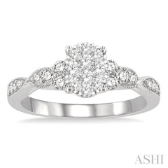 1/2 Ctw Oval Shape Center Criss Cross Carved Shank Lovebright Round Cut Diamond Engagement Ring in 14K White Gold