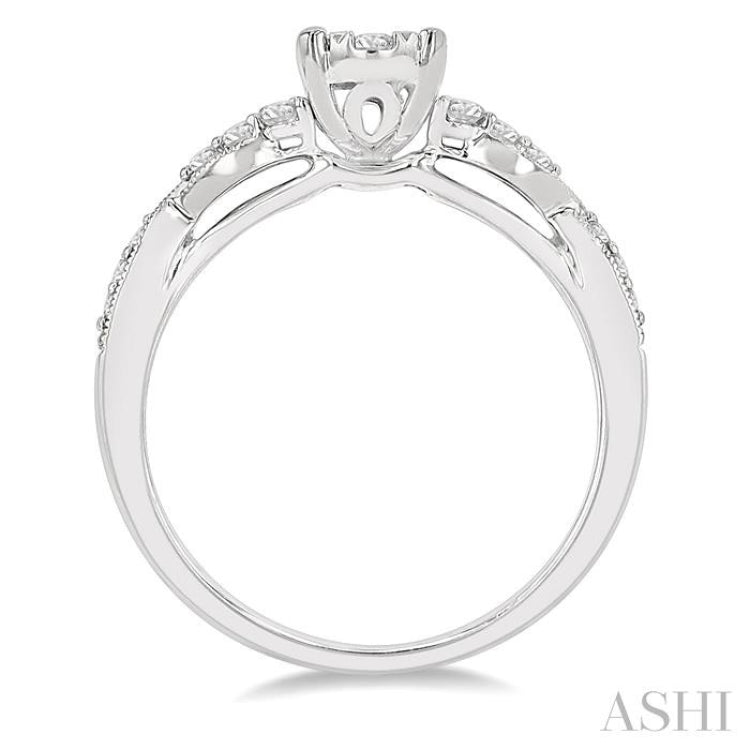 1/2 Ctw Oval Shape Center Criss Cross Carved Shank Lovebright Round Cut Diamond Engagement Ring in 14K White Gold