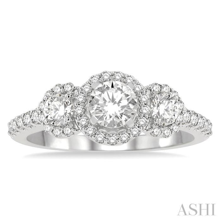 1 Ctw Past, Present & Future Diamond Engagement Ring With 3/8 Ct Round Cut Center Stone in 14K White Gold