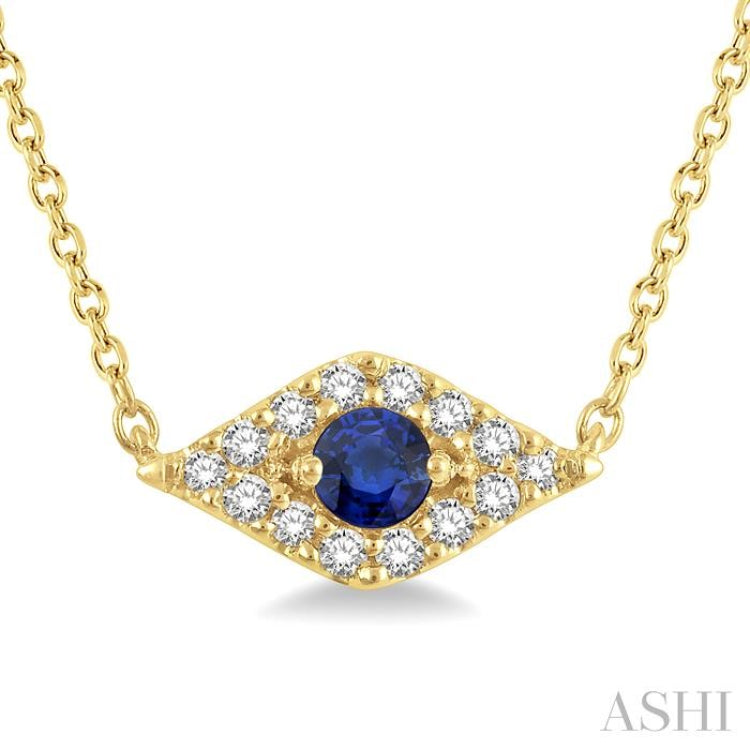 2.60 MM Round Cut Sapphire and 1/10 Ctw Evil Eye Round Cut Diamond Precious Petite Fashion Pendant With Chain in 10K Yellow Gold