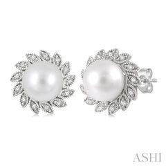 6x6 MM Round Shape Cultured Pearls and 1/10 Ctw Sunflower Round Cut Diamond Earrings in 10K White Gold