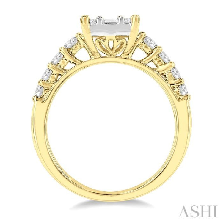 1 Ctw Fusion Baguette and Round Cut Diamond Engagement Ring in 14K Yellow and White gold