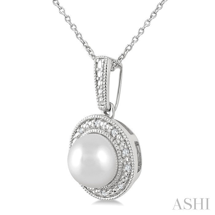 7 MM Cultured Pearl and 1/50 Ctw Round Cut Diamond Halo Pendant With Chain in Sterling Silver