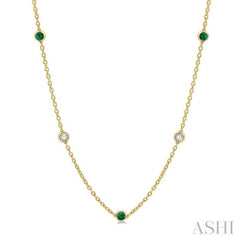 2.85 MM Emerald and 1/2 Ctw Round Cut Diamond Precious Station Necklace in 14K Yellow Gold