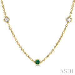 2.85 MM Emerald and 1/2 Ctw Round Cut Diamond Precious Station Necklace in 14K Yellow Gold