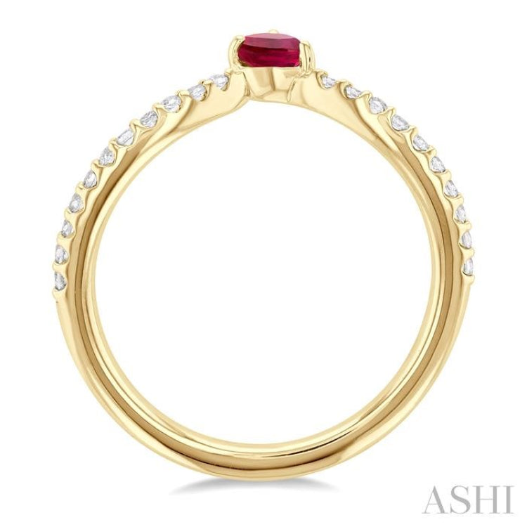 4X3 MM Pear Cut Ruby and 1/10 Ctw Petite Round Cut Diamond Precious Fashion Ring in 10K Yellow Gold