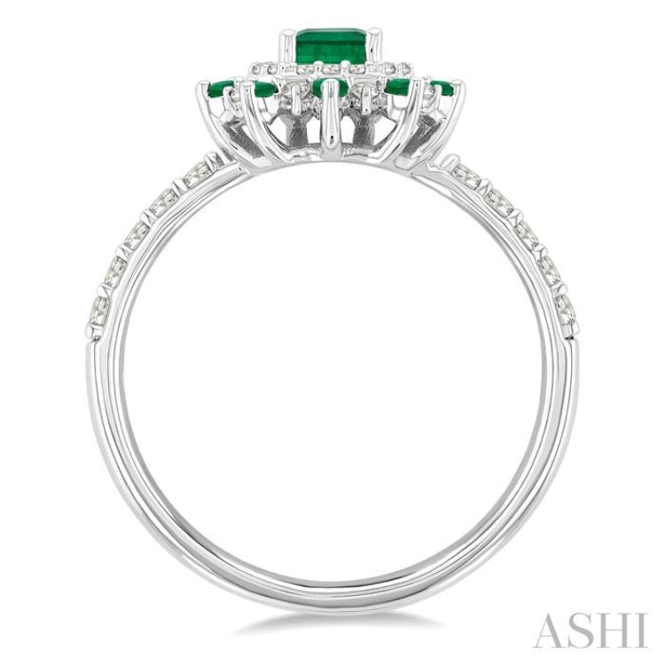 6X4 MM Emerald Shape & 1.5 MM Round Cut Emerald and 1/3 Ctw Round Cut Diamond Floral Precious Ring in 14K White Gold