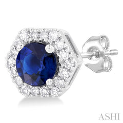 3.5 MM Round Sapphire and 1/10 Ctw Round Cut Diamonds Halo Precious Stud Earrings in 10K White Gold