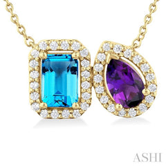 7X5 MM Emerald Cut Blue Topaz & Pear Cut Amethyst and 1/4 Ctw Toi Et Moi Round Cut Diamond Pendant With Chain in 14K Yellow Gold
