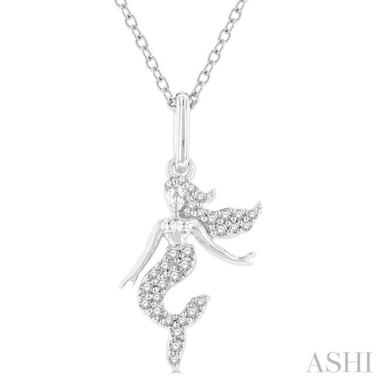 1/8 Ctw Petite Sea Life Mermaid Round Cut Diamond Fashion Pendant With Chain in 10K White Gold