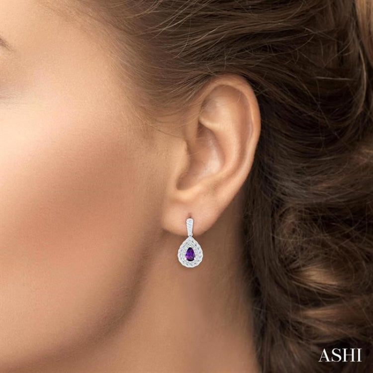 6X4 MM Pear Cut Amethyst and 1/20 Ctw Round Cut Diamond Semi-Precious Earrings in Sterling Silver
