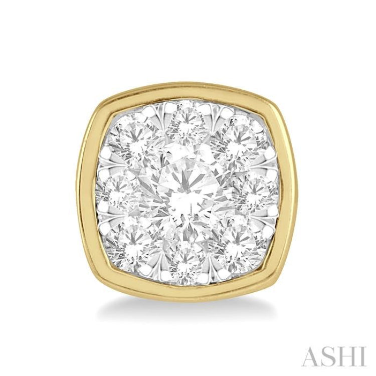 1/3 Ctw Cushion Shape Round Cut Diamond Lovebright Bezel Stud Earring in 14K Yellow and White Gold