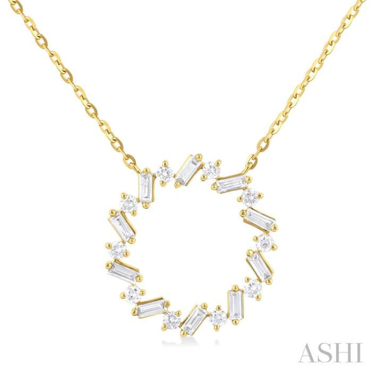3/8 Ctw Circle Baguette and Round Cut Diamond Scatter Pendant With Chain in 10K Yellow Gold