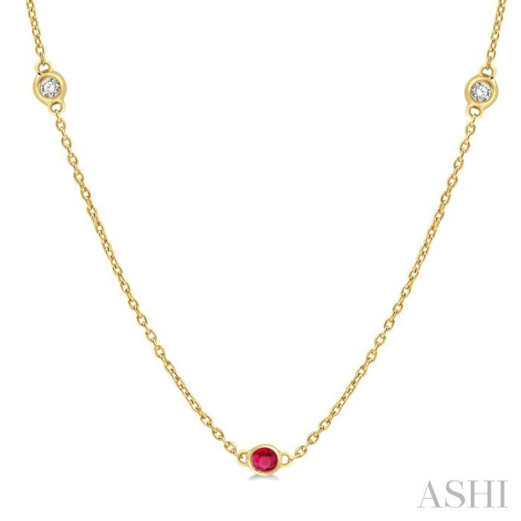 2.25 MM Ruby and 1/4 Ctw Round Cut Diamond Precious Station Necklace in 14K Yellow Gold