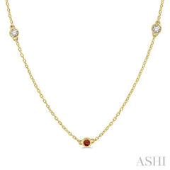 2.6 MM Ruby and 3/8 Ctw Round Cut Diamond Precious Station Necklace in 14K Yellow Gold