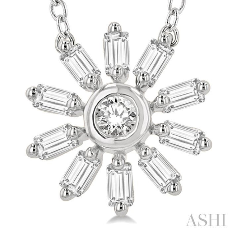 1/6 Ctw Petite Wheel Baguette and Round Cut Diamond Fashion Pendant With Chain in 10K White Gold