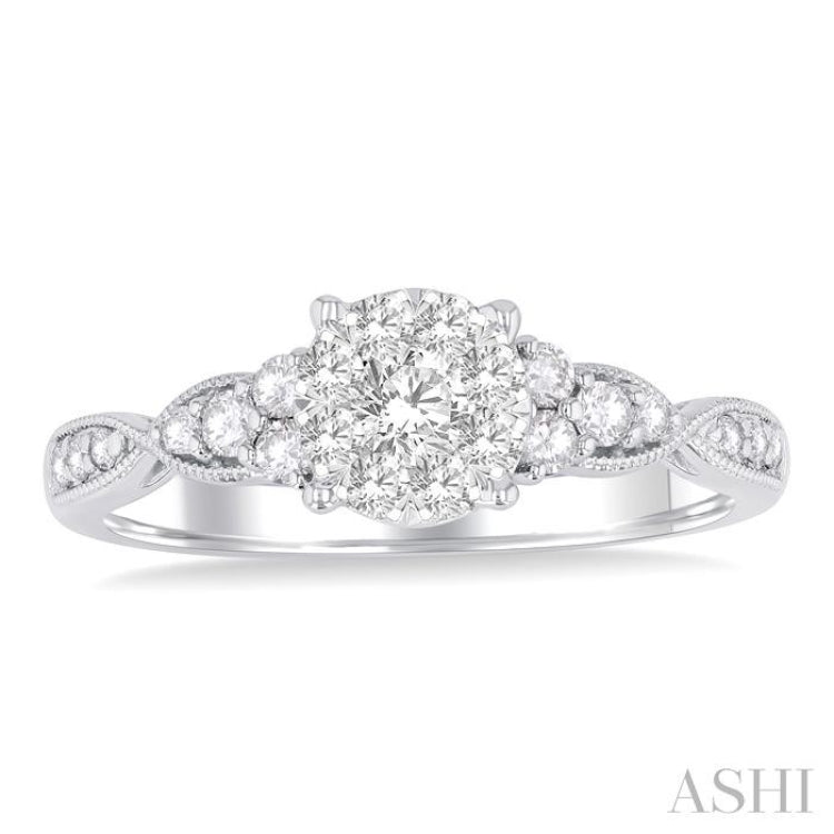 1/2 Ctw Round Shape Lovebright Carved Shank Round Cut Diamond Engagement Ring in 14K White Gold
