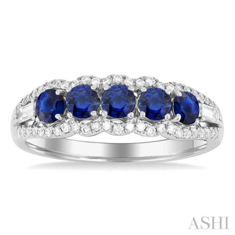 3.1 MM Round Sapphire and 1/4 Ctw Baguette and Round Cut Diamond 5-Stone Precious Ring in 14K White Gold