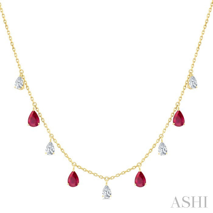 6X4 MM Pear Shape Ruby and 1 Ctw Pear Cut Diamond Precious Station Necklace in 14K Yellow Gold