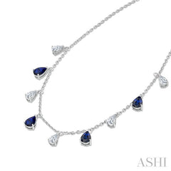6X4 MM Pear Shape Sapphire and 1 Ctw Pear Cut Diamond Precious Station Necklace in 14K White Gold