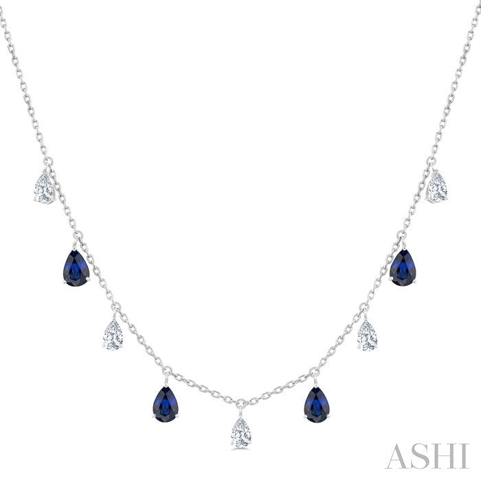 6X4 MM Pear Shape Sapphire and 1 Ctw Pear Cut Diamond Precious Station Necklace in 14K White Gold