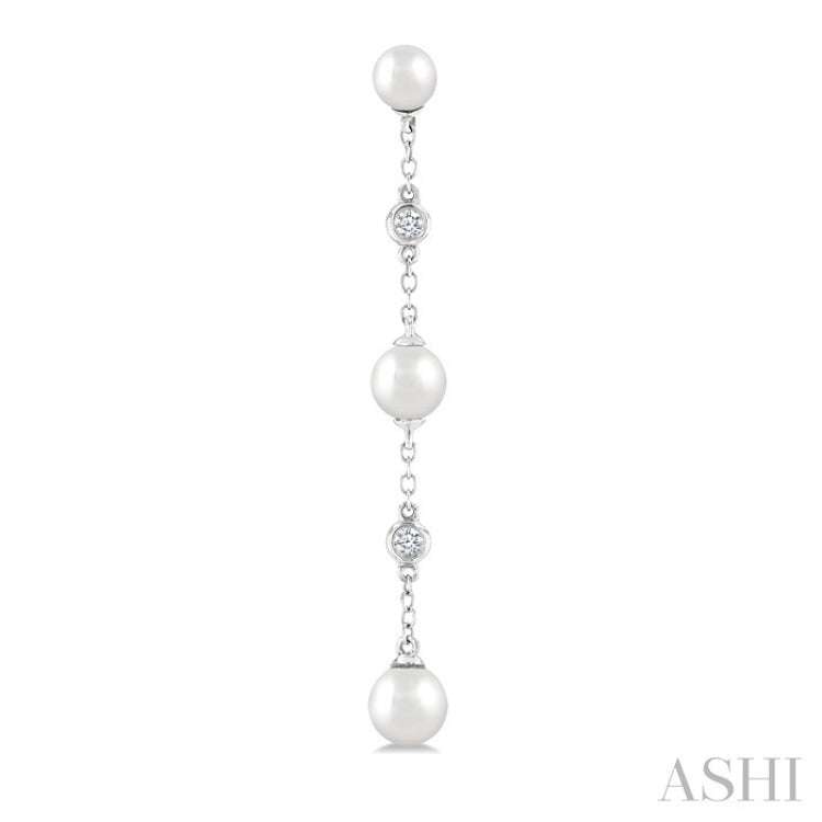 4 MM, 5 MM & 6 MM Round Shape Cultured Pearls and 1/10 Ctw Round Cut Diamond Station Long Earrings in 14K White Gold